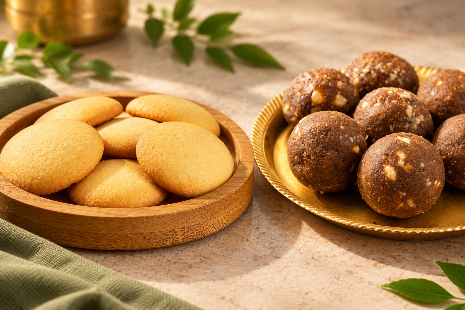 Golden cookies and wheat laddoos presented together on platters