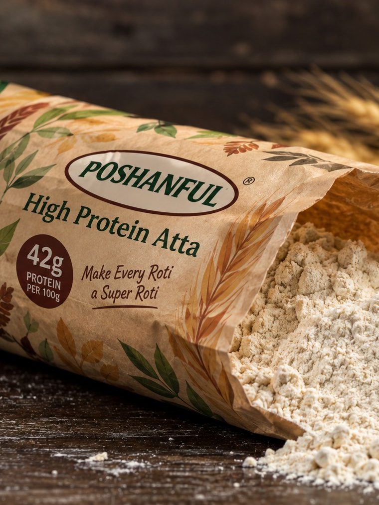 An open pack of Poshanful High Protein Atta with flour spilling out