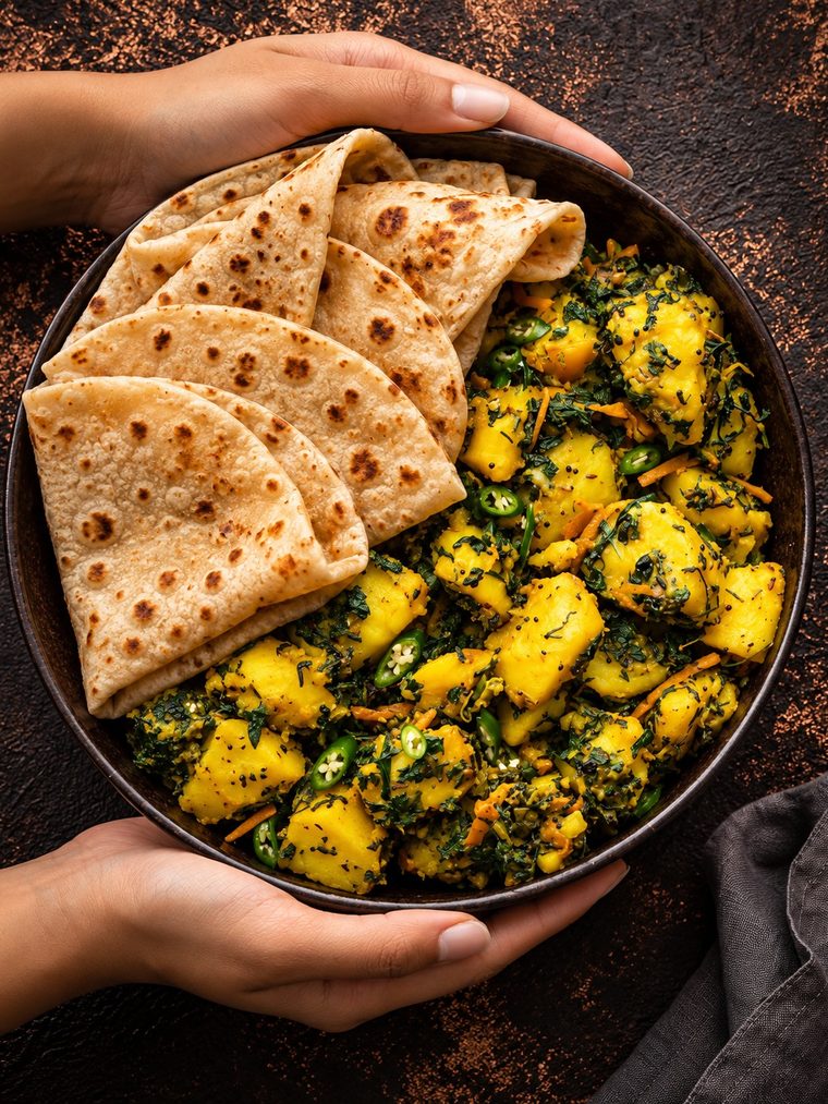 Hands holding a bowl of fresh rotis with a vegetable sabzi